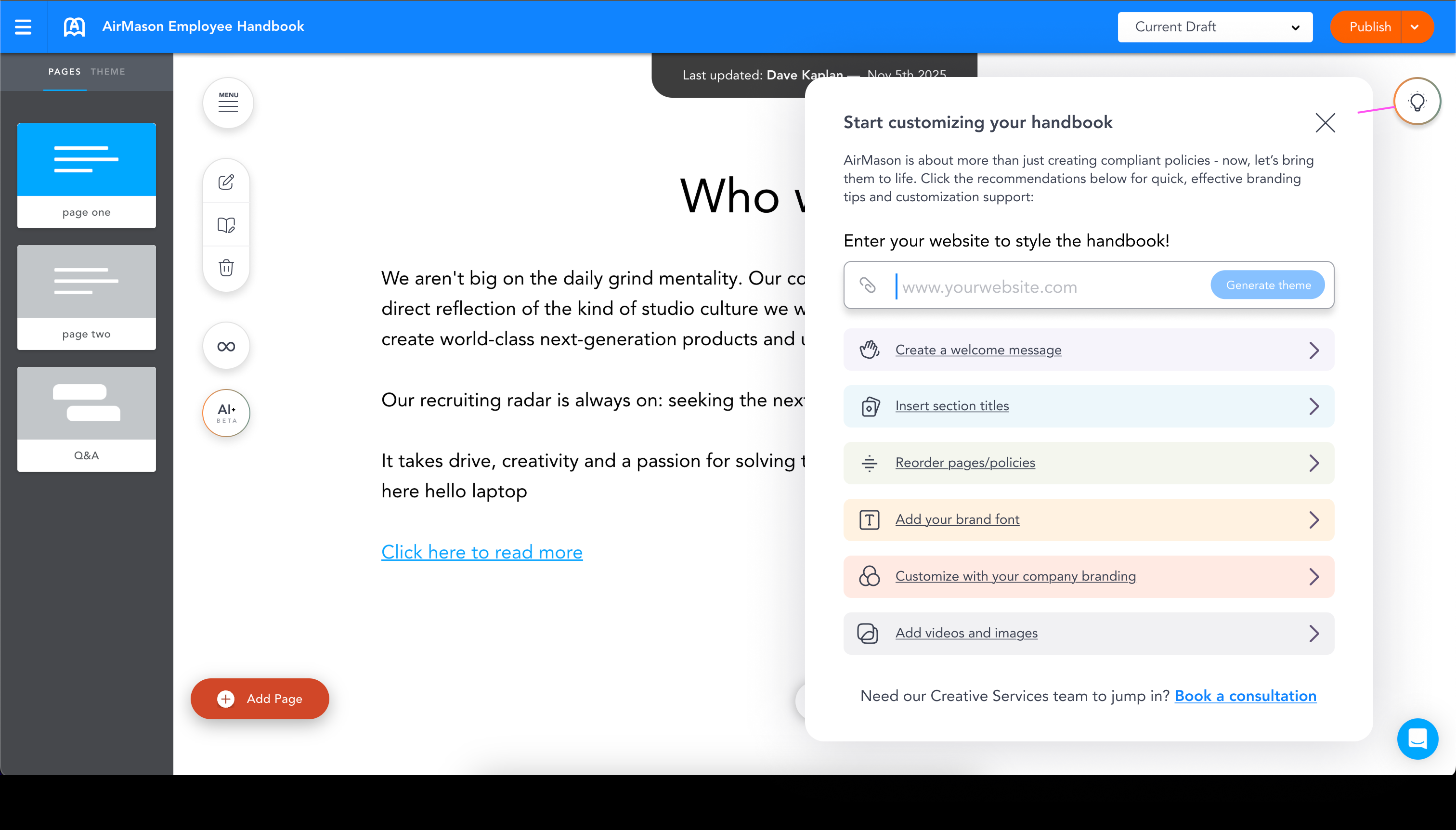 AirMason handbook editor with AI branding customization panel